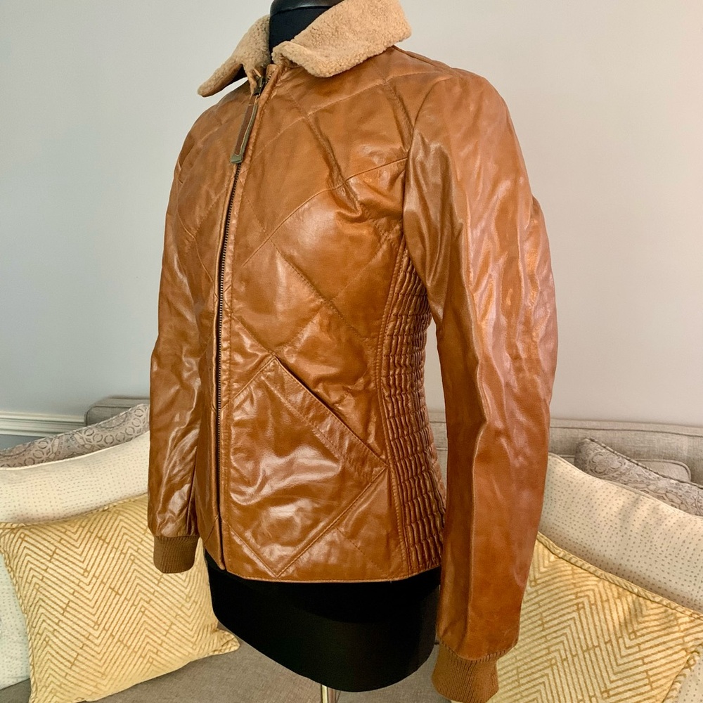 Eddie Bauer Skyliner Goose Down Buffalo Leather Jacket with Faux Fur Collar